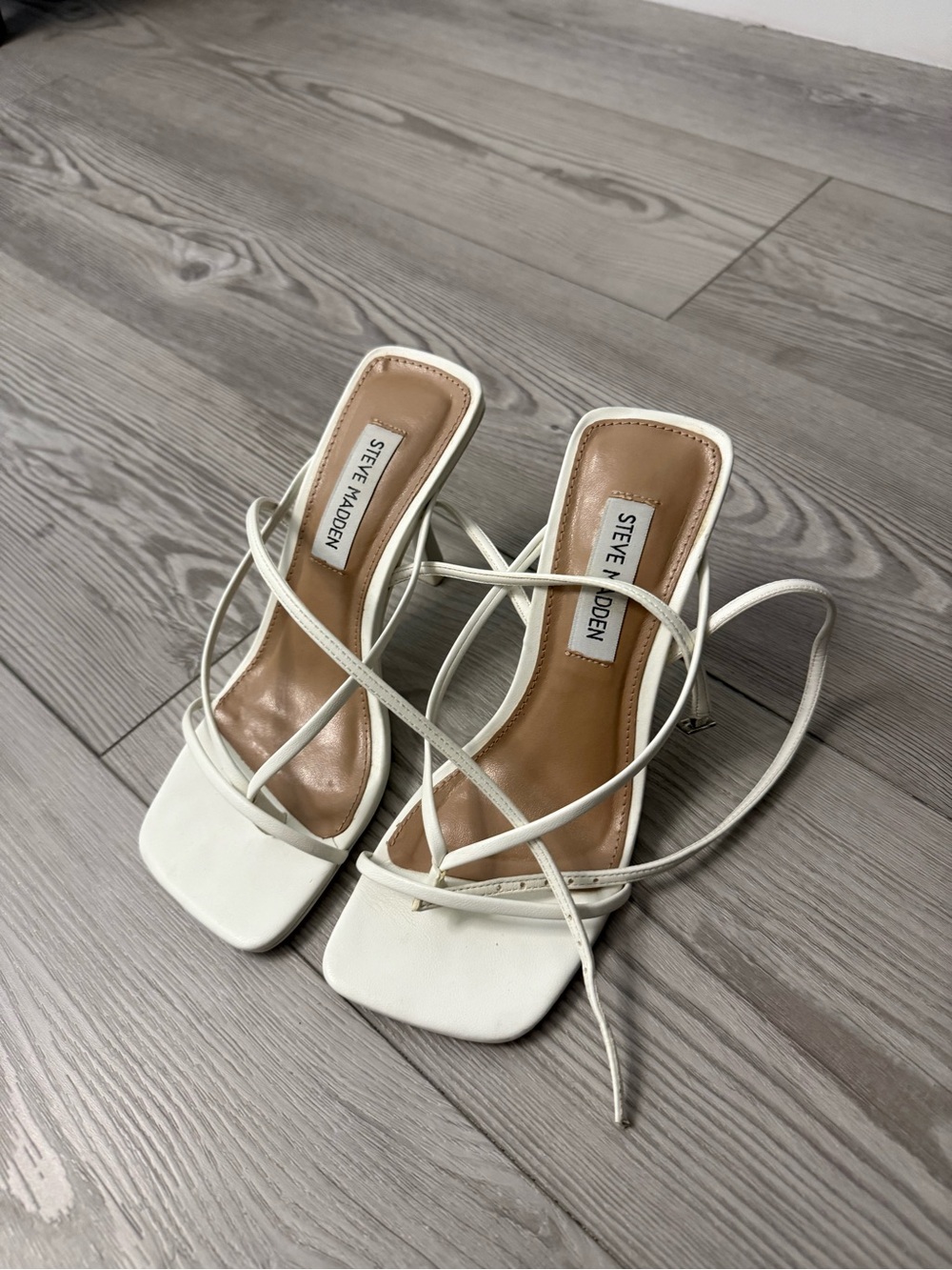 Steve Madden White Strappy Square-Toe Heels with Crisscross Lace
